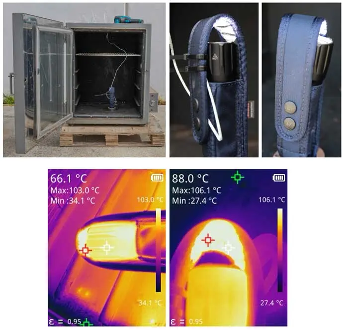 Testing a torch pouch in a lab overn and thermal images